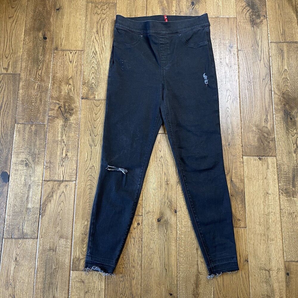 Spanx Pants Women Sz L Black Distressed Stretch Pocket’s Relaxed Pull On Jegging